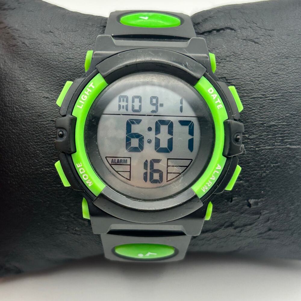 Black & Green Digital Sports St. Steel Watch Silicon Band Working New Battery